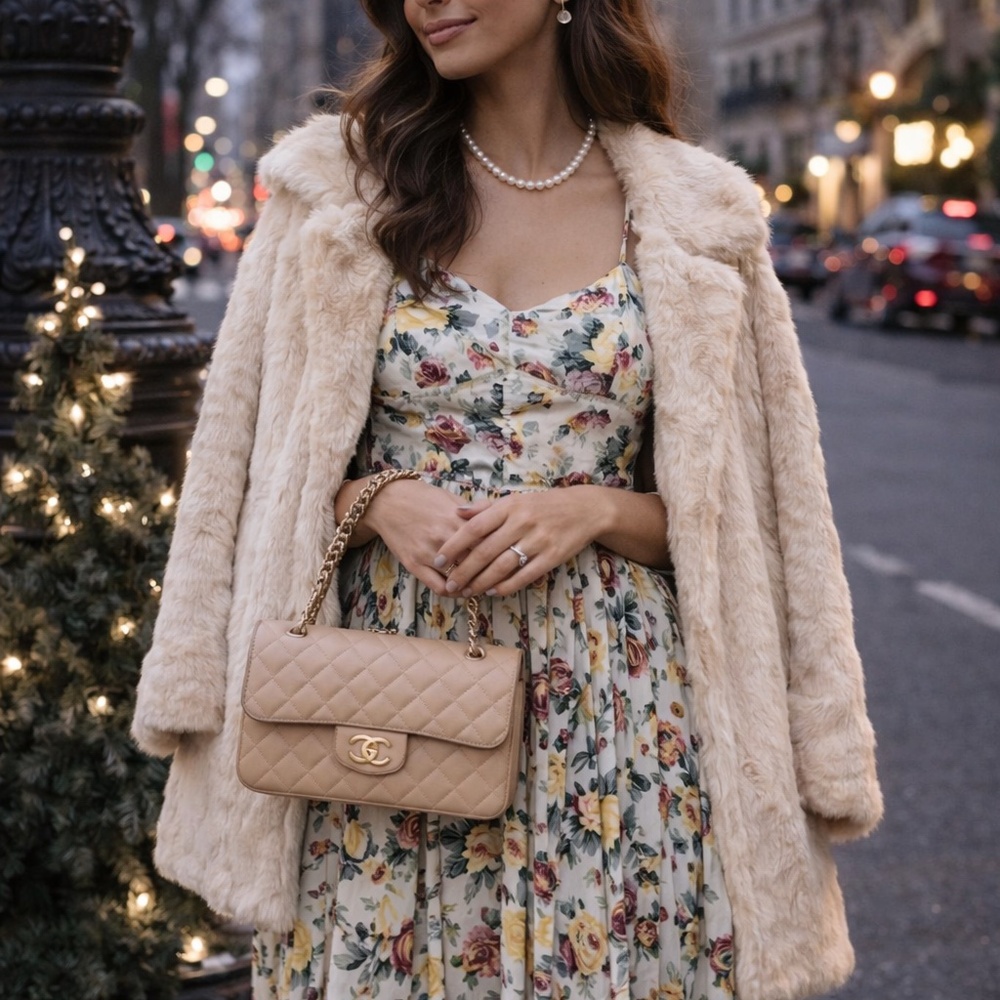 Jane Celeb Style Pleated Midi Dress in Floral Print Lg